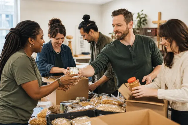 Friends packing food-pantry boxes together
