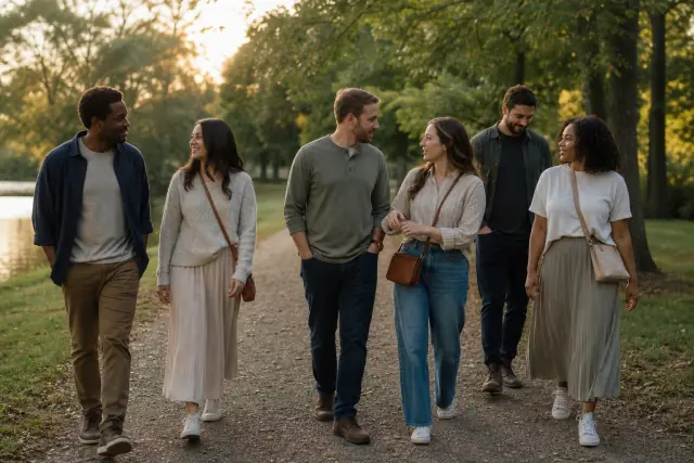 A group of friends walking and talking together in a park